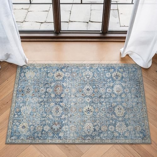Bloom Rugs Washable Non-Slip 2x3 Rug - Blue/Beige Traditional Oriental Area Rug for Living Room, Bedroom, Dining Room, and Kitchen - Exact Size: 2' x 3' - color: Blue / Beige, size: 2' x 3' (Rectangular)