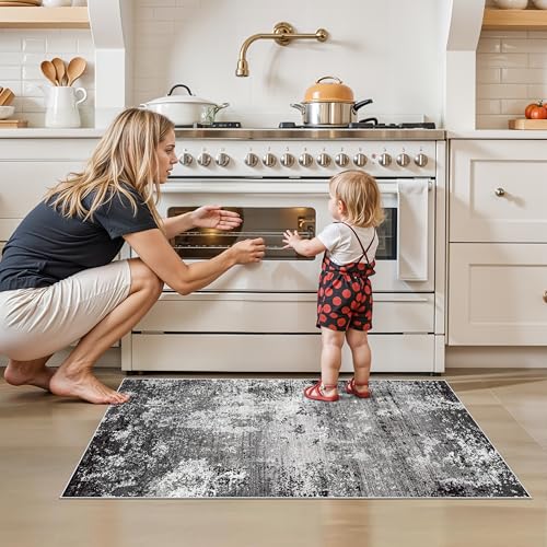 2x4 Washable Runner Rug – Non-Slip Small Throw Rug for Kitchen Floor, Bedroom, Entryway, Bathroom, Bedside – Modern Abstract Neutral Low-Pile Thin Indoor Door Mat（Black Grey,2x4） - color: Black Grey, size: 2' x 4' (Rectangular)