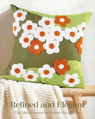 Embroidered Throw Pillow Cover - 18x18 Decorative Pillow Cover with Zipper Aesthetic Cute Design Boho Spring Summer Cozy Throw Pillowcase for Living Room Couch Sofa Bed, Green Flowers - color: Green-flowers, size: 18" x 18" (Pack of 1)