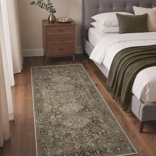 Bavni Washable Runner Rug 3x6, Non Slip Hallway Rug, Vintage Aesthetic Thin Low Pile Washable Carpet for Kitchen Bedroom Entryway, Brown - color: Brown, size: 3' x 6' (Rectangular)