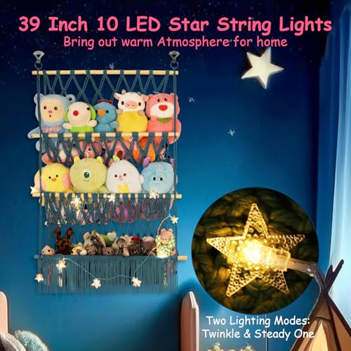 3 Tier Stuffed Animal Storage Shelf Net, 24x39 Inch Large Plushie Net w/LED Light & Clips for Mini Medium Stuffy Teddy, Aqua Boho Macrame Wall Toy Holder Display for Nursery Kids Girls Boys - color: Aqua, size: Large-3 Tier-24x39 Inch