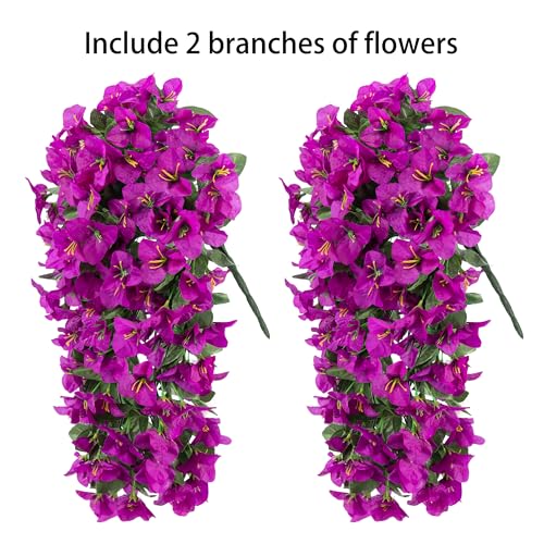 Faux Bougainvillea Artificial Flowers Plants for Outdoors Outside Decoration, 2 pcs Purple Fake Flowers UV Resistant Look Real Silk Long Trailing Vines for Front Door Porch Planter Urn Patio Garden - color: Purple
