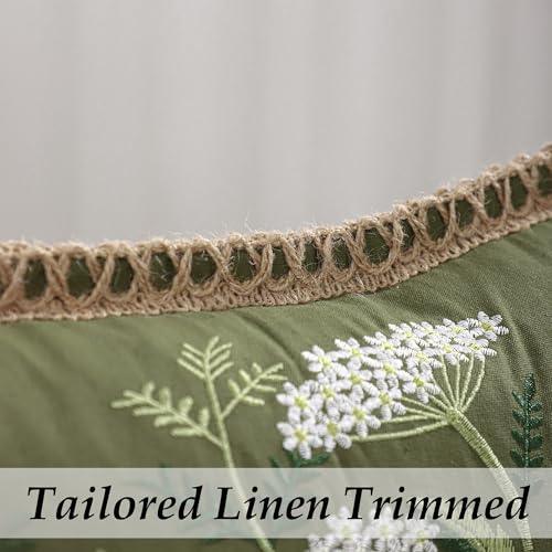 LUOYEHK Green Embroidered Throw Pillow Covers 18x18 Inch Set of 2 White Daisy Flower and Hydrangea Decorative Pillow Covers with Jute Rope Summer Pillowcase Cushion Cover for Couch Sofa Bed Home Decor - color: Green White Flower