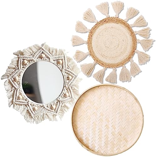 Boho Wall Basket Decor Set - Flat Woven Macrame Tapestry, Mirror White Round Tassels, Handmade Rattan Wicker Seagrass Wall Basket - color: White, size: Style 3