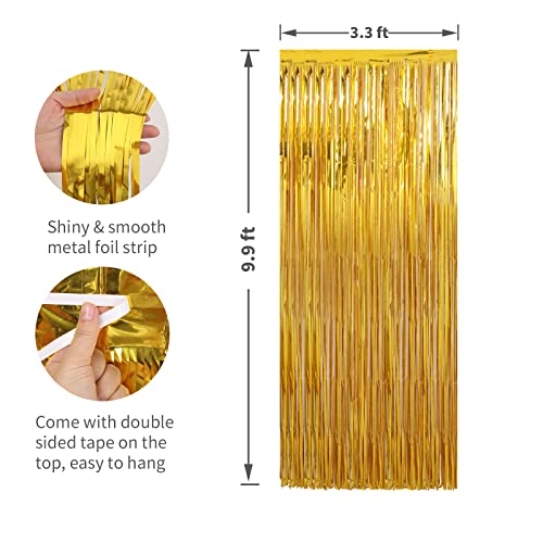 Crosize 2 Pack 3.3 x 9.9 ft Gold Foil Fringe Curtains Party Decorations, Gold Tinsel Curtain Backdrop for Parties, Streamer Fringe Backdrop for Bachelorette Valentines Day Party Birthday Decoration - color: Gold 2, size: 2 Pack