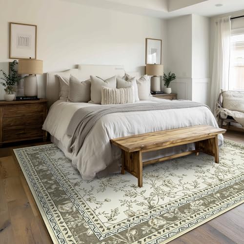 Greyish Beige Floral Rug 5x7 Machine Washable Area Rug for Living Room Vintage Boho Farmhouse Low Pile Distressed Carpet for Dining Room, Bedroom Indoor Non-Slip Tan Taupe Flower Design Home Decor - color: Sketch Floral Cool Beige, size: 5' x 7' (Rectangu