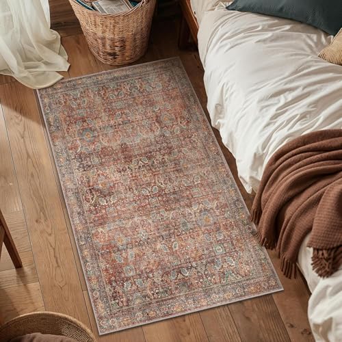 Bavni 2x5 Runners Machine Washable Boho Rug Runners for Hallway,Ultra-Thin Low Pile Rug,Lightweight Carpet,Non Slip Floral Runners for Enrtyway, Corridor, Home Office, Kitchen,Terracotta/Indigo - color: Terracotta/Indigo, size: 2' x 5' (Rectangular)