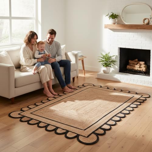 Braided Scalloped Jute Rug Natural with Black Trim, Handmade Farmhouse Boho Area Rug for Entryway, Kitchen, Hallway, Living Room, Bedroom, Rustic Woven Floor Rug - (Black- 3X5 ft) - size: 3' x 5' (Rectangular)