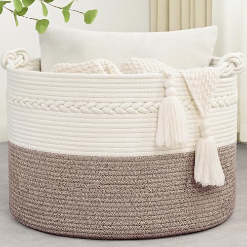 67L Large Blanket Basket, 20"x13" Woven Storage Baskets With Handle, Cotton Rope Blanket Basket Living Room, Baby Laundry hamper for Blanket, Nursery, Toy, Pillow (White & Oatmeal) - color: White & Oatmeal, size: 67L