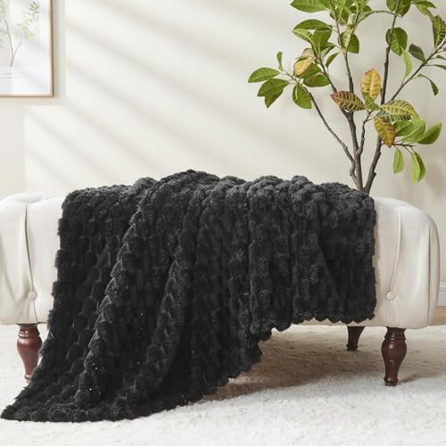NEWCOSPLAY Super Soft King Blanket Black Premium Silky Flannel Fleece 3D Clouds Stylish Jacquard Lightweight Bed Blanket All Season Use 350GSM (Black, King(90"x110")) - color: Black, size: King(90"x110")