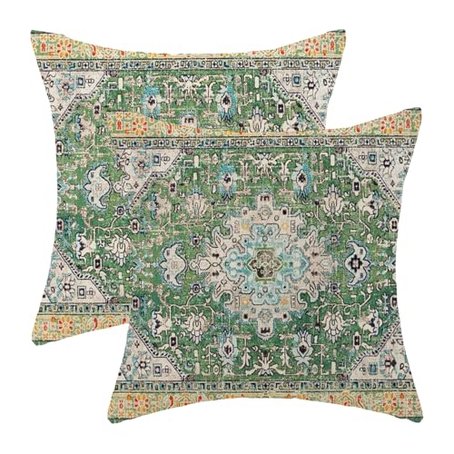 Boho Pillow Covers 18x18 Set of 2 Vintage Green Floral Carpet Throw Pillow Covers Decoration Outdoor Bohemian Rug Pattern Decorative Pillowcase Farmhouse Linen Cushion Cover for Home Couch - color: Boho-green-3, size: 18" x 18" (Pack of 2)