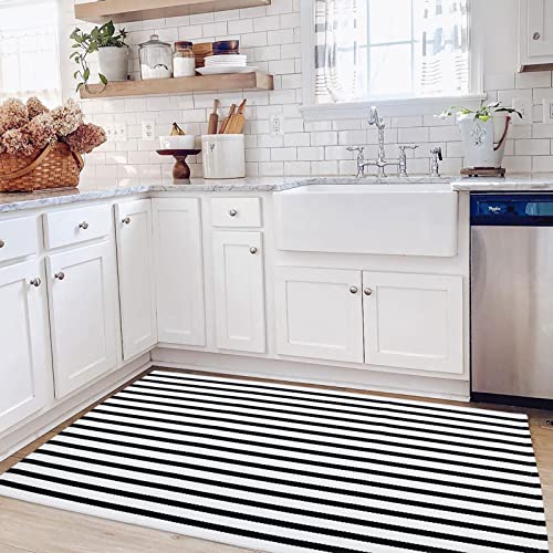 Black and White Outdoor Rug 35.4" x59" Front Porch Rug Door Mat Washable Farmhouse Layered Door Mats Cotton Hand-Woven Welcome Mats Throw Carpet for Entryway/Home Entrance/Laundry Room - color: Black&white Stripe C, size: 3' x 5' (Rectangular)