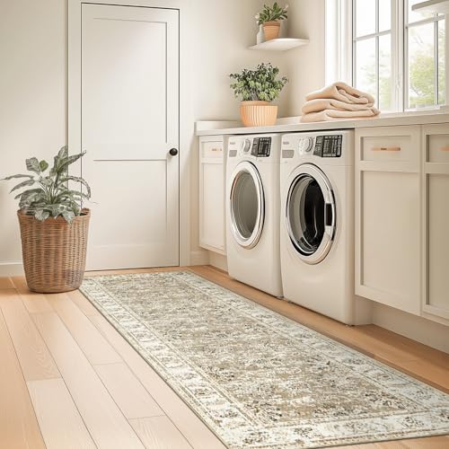 jinchan Fiora Runner Rug 2x5, Distressed Vintage Floral Washable Rug with Low-Pile Surface and Non-Slip Backing, for Entryway Kitchen Laundry Room Indoor Walkways and High-Traffic Areas, Taupe - color: Distressed Taupe, size: 2' x 5' (Light Weight)