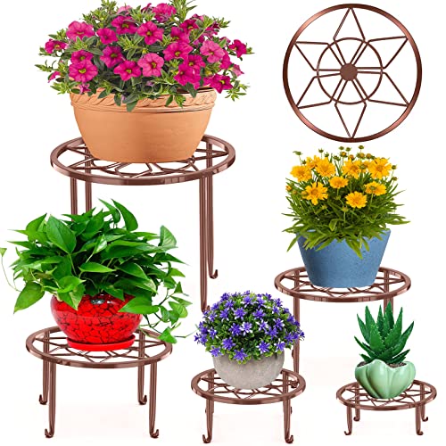 5 Pack Metal Plant Stands for Multiple Plant,Heavy Duty Flower Pot Stands for Outdoor Indoor Plants,Rustproof Iron Round Pot Shelf for Planter - color: Brown
