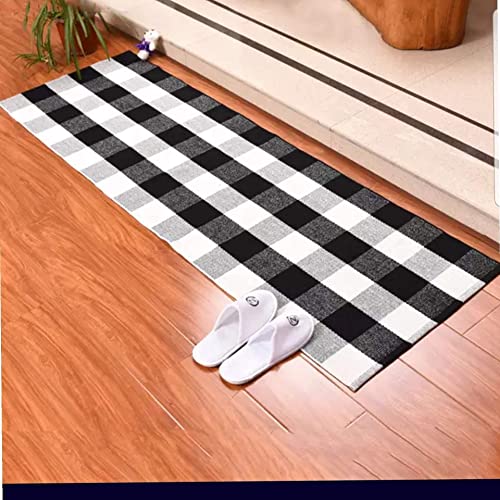 Outdoor Front Door Porch Rug 2x4.3 ft Front Door Rugs Stripe Black White Layering Under Door Mats Rugs. Cotton Woven Checkered Runner, Carpet for Farmhouse Laundry Welcome Deocr