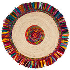 SAFAVIEH Cape Cod Collection Area Rug - 3' Round, Ivory & Red, Handmade Boho Fringe Jute & Cotton, Ideal for High Traffic Areas in Living Room, Bedroom (CAP205A)