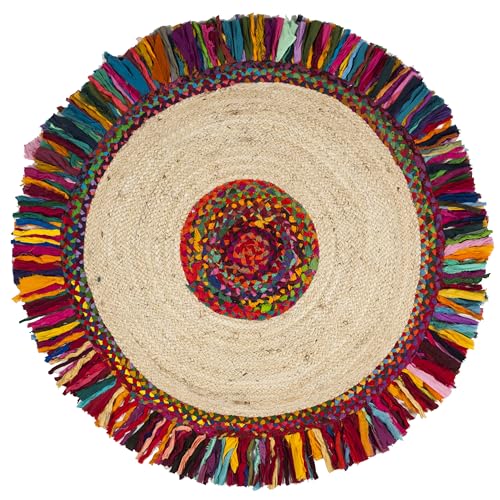 SAFAVIEH Cape Cod Collection Area Rug - 3' Round, Ivory & Red, Handmade Boho Fringe Jute & Cotton, Ideal for High Traffic Areas in Living Room, Bedroom (CAP205A)