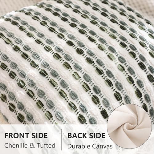 LUOYEHK Chenille Striped Throw Pillow Covers 18x18 Inch Set of 2 Boho Decorative Pillowcases with Fringe Farmhouse Neutral Dark Green Cushion Covers for Couch Sofa Bed Living Room - color: Green Gray, size: 18" x 18" (Pack of 2)