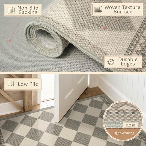 Gray and Cream Checkered Easy Jute 3x5 Outside Area Rug Outdoor Porch Decor, Entryway Rugs Indoor Diamond Geometric Pattern Mat, Patio, Backyard or Entry, Boho Farmhouse Style Washable Non Skid Mat - color: Beige Gray, size: 3' x 5' (Rectangular)