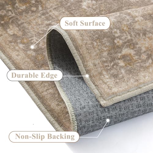 PureCozy 2x3 Deep Brown Entryway Area Rug Machine Washable Door Mat Kitchen Vintage Distressed Non Slip Carpet Indoor Retro Floral Accent Throw Small Rug for Bathroom Office Bedroom Living Dining Room - color: Taupe, size: 2' x 3' (Rectangular)