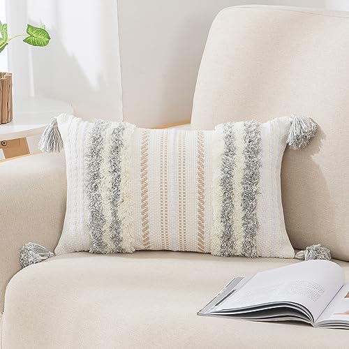decorUhome Summer Decorative Boho Throw Pillow Cover 12x20, Lumbar Accent Neutral Textured Tufted Pillow Cover Striped for Couch Bed Sofa, Light Grey and Cream White, Pack of 1 - color: Light Grey and Cream White, size: 20" x 12" (Pack of 1)