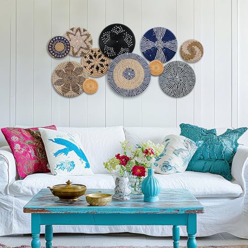 Tatuo 11 Pcs Boho Wall Basket Decor Bulrush Woven Wall Hanging Art Round Farmhouse Rustic Handmade Wicker for Summer Home, Bedroom, Living Room, Kitchen Decorations, Multi Sizes(Blue) - style: Blue