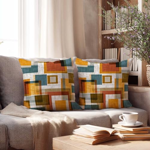 Retro Geometric Color Block Throw Pillow Covers 18x18 Inch, Set of 2 | Mid-Century Modern Square Cushion Cases for Couch Sofa Bedroom | 70s Vintage Home Decor, Decorative Pillowcases - color: Retro Geometric