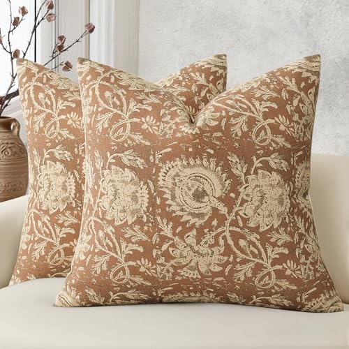 Vintage Floral Print Throw Pillow Covers 22x22 Set of 2 Neutral Modern Farmhouse Accent Decorative Cushion Covers Boho Home Decor for Couch Sofa Chair Bed Living Room, Cognac - color: Cognac, size: 22" x 22" (Pack of 2)