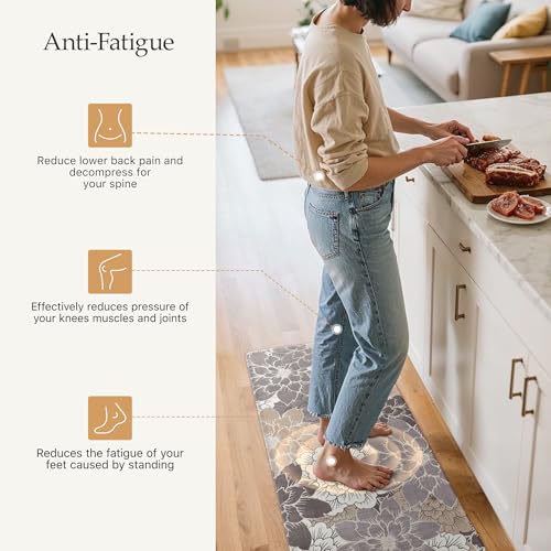 GENIMO Kitchen Mats for Floor, Kitchen Rugs Non Slip Washable Sets of 2, Waterproof Cushioned Anti Fatigue Mat, Floral Runner Rug for Laundry, Sink, Office, Home, 17.3"x59"+17.3"x30", Coffee Brown - color: Coffee&brown, size: 17.3"x59"+17.3"x30"