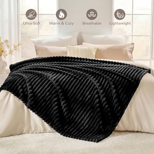 Black Striped Throw Blanket, 330GSM Soft Plush Fleece Blanket for Couch Sofa Travel, Decorative Cozy Giftable Home Blanket, 50x70 Inches - color: Black, size: Throw XL(50"x70")