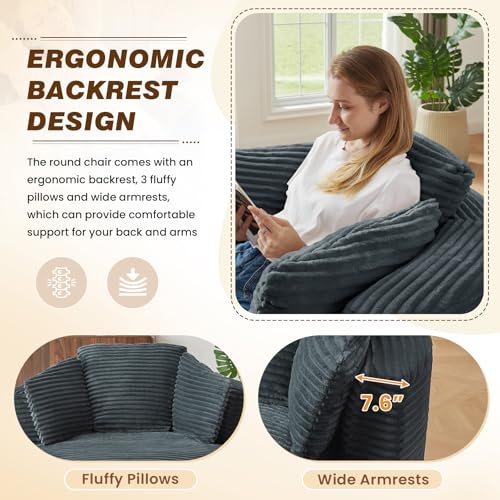 48"W Oversized Round Chaise Longue Chair Indoor,Corduroy Fluffy Comfy Cloud Chair,Circle Bean Bag Sofa with Foam Filling & Pillows,Boneless Reading Cozy Sofa Chairs for Living Room,Bedroom,Dark Grey - color: Dark Grey