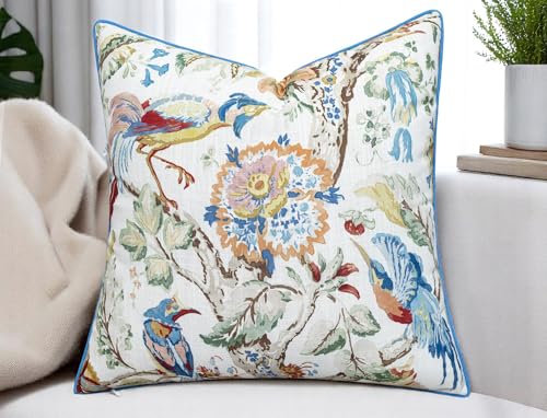 VAGMINE Jacobean Bird Floral 20x20 Inch Throw Pillow Cover - Ivory Multi-Color Print on Textured Polyester - Cushion Case for Couch Sofa - Grandmillennial Decor - Scarlet - color: Scarlet, size: 20" x 20" (Pack of 1)