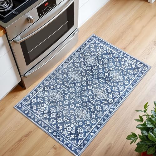 Vintage Washable Rug 2x3, Denim Blue White Small Area Rugs for Entryway, Floral Super Soft Kitchen Rugs, Throw Rugs Indoor Door Mat Thin Print Faux Wool Carpet for Entrance, Office, Farmhouse - color: Denim Blue and White, size: 2' x 3' (Rectangular)