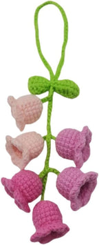 Car Rearview Mirror Hanging Ornament, Crochet Flower Basket Plant Accessories, Handmade Knitted Car Ornament Boho Accessories for Women (Lily of The Valley(Pink))