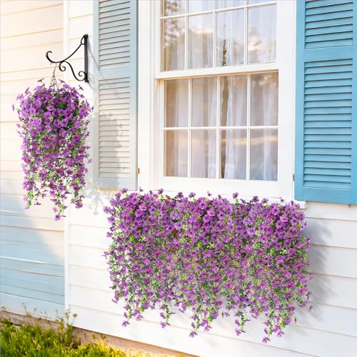 INQCMY Artificial Hanging Flower Baskets for Spring Outdoor Decoration Fake Plants UV Resistant Faux Silk Daisy with Eucalyptus Leaves Realistic Look for Home Porch Patio Yard - color: Purple