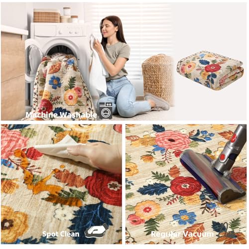 2x6 Hallway Washable Runner Rug: Vintage Kitchen Rug Runner with Non Slip Backing Low Pile Soft Faux Wool Non Shedding Distressed Carpet Runners for Entryway Living Room Bedroom Bathroom Farmhouse - color: Beige Floral, size: 2' x 6' (Rectangular)