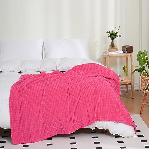 Puncuntex Flannel Fleece Throw Blanket Hot Pink 50"×60",Super Soft Plush Cozy Blanket with 3D Jacquard Square Grid Design Luxury for Couch Sofa Chair - color: Hot Pink, size: 50"×60"