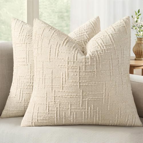 MIULEE Textured Throw Pillow Covers Thick Chenille Decorative Pillows Beige 22x22 Inch Set of 2 Modern Boho Farmhouse Home Decor Neutral Cushion Covers for Couch Sofa Living Room Bedroom - color: Beige, size: 22" x 22" (Pack of 2)