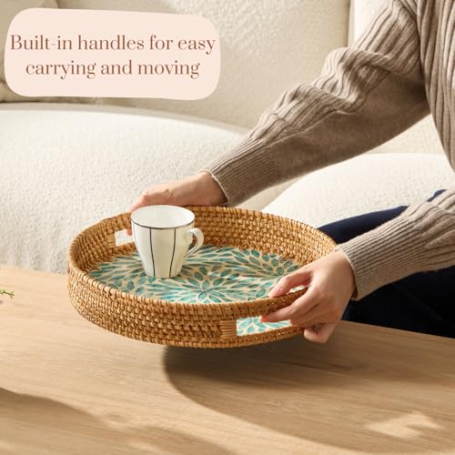 YANGQIHOME Round Rattan Tray with Handle, Mother of Pearl Inlay Decorative Wicker Basket for Coffee, Bread, Fruits, Serving Tray for Home Decor, Blue Flower - color: Blue Flower, size: 13.8"