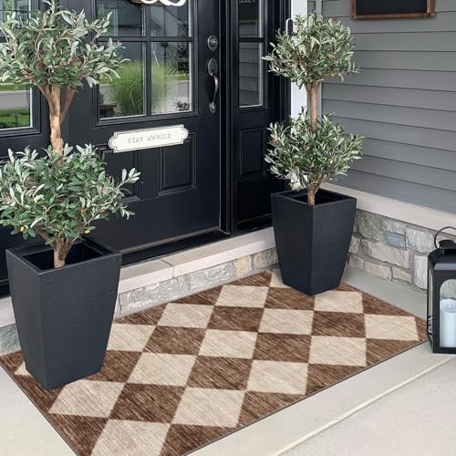 Front Door Mat Indoor Entrance - 2x4.3 Ft Brown Beige Non-Slip Washable Outdoor Porch Rug Doormats Geometric Checkered Diamond Runner Rug for Front Door Kitchen Hallway Bedroom Laundry Room - color: Diamond - Brown Beige, size: 2' x 4'3" (Rectangular)