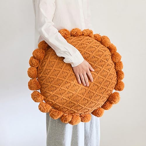 Byitre Bohemian Round Pillow 20 Inch | 100% Cotton Decorative Pillow Hand Tufted with Chunky Textured Poms | Boho Throw Pillow for Bed or Couch | Natural Orange Throw Pillow - color: Lattice Orange