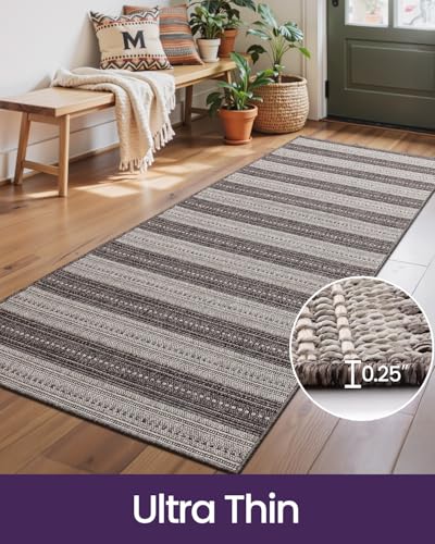 DEXI Hallway Runner Rug 3.3x8, Woven Braided Farmhouse Runner Carpet Indoor, Absorbent Thin Long Entryway Runners for Kitchen, Laundry Room, Patio Entrance, Striped Grey - color: Striped Grey, size: 3'3" X 8' (Rectangular)