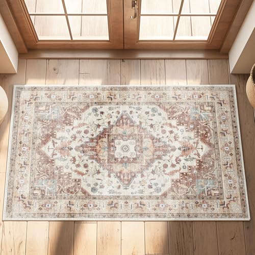 Area Rug for Living Room 2x3,Large Machine Washable Vintage Oriental Soft Carpet, Low Pile Thin Floor Area Rugs with Non Slip Backing for Office Door Mat Kitchen Bathroom Indoor Dorm Dining Room - color: Red, size: 2x3