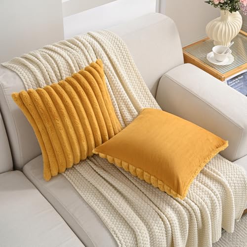 Volcanics Set of 2 Faux Fur Plush Decorative Throw Pillow Covers 18x18 Inches, Striped Cushion Cases Soft Fluffy Accent Pillowcases for Sofa, Couch and Bed, Mustard Yellow - color: Mustard Yellow, size: 18" x 18" (Pack of 2)