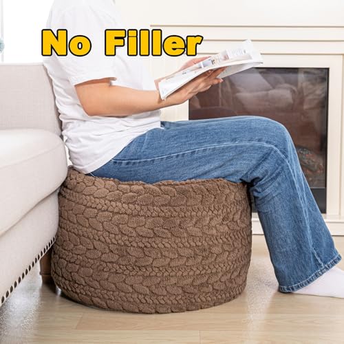 Poofieotto Unstuffed Ottoman Pouf Cover – Round Faux Fur Footstool Plush Floor Pouf (No Filler Included) Perfect for Living Room, Bedroom, or Office Lounge (Coffee, 26x26x18 in) - color: Coffee, size: 26"D x 26"W x 18"H