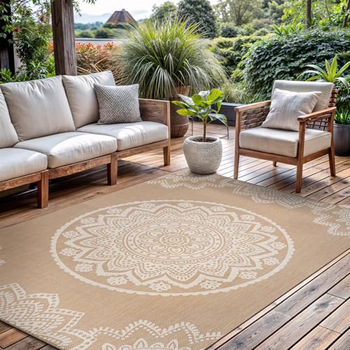CAMILSON Outdoor Rug 5x7 Modern Area Rugs for Indoor and Outdoor Patios and Porches - Waterproof, Washable, Non-Shedding, Easy-to-Clean Outside Carpet (5 x 7, Medallion - Beige/White) - color: Medallion - Beige / White, size: 5' x 7' (Rectangular)