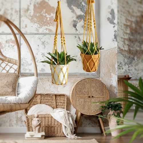 Artilady Boho Macrame Plant Hangers - Handmade Hemp Rope Hanging Baskets for Plants with Ceiling Hooks, Bohemian Home Decor Wall Art (Ginger-Yellow-2pcs) - color: Ginger-yellow-2pcs