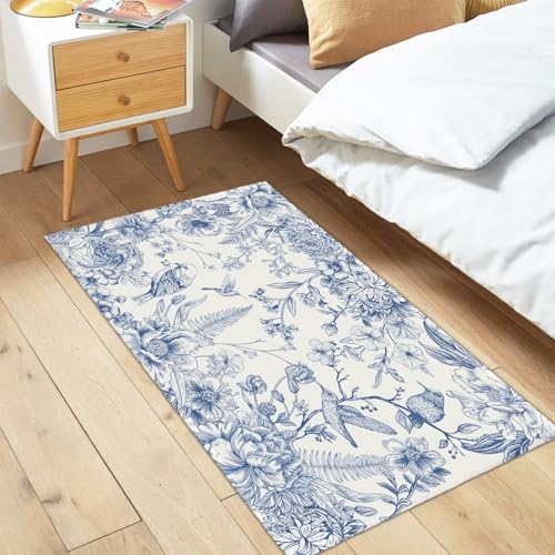 Spring Summer Blue Floral Bird Rug 2x3 Chinoiserie Vintage Flower Decorative Indoor Outdoor Doormat Small Non-Slip Low Pile Front Door Mat Area Rugs for Living Room Bedroom Home Decor - color: Chinoiserie Blue Flower