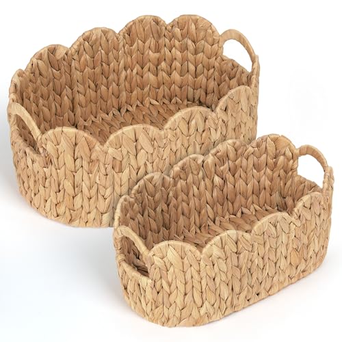 iEGrow Scalloped Wicker Basket, Set of 2 Hand-Woven Natural Rattan Baskets with Built-in Handles, Water Hyacinth Storage Oval Cute Baby Baskets for Nursery, Organizing, Decor and Shelves - size: Oval