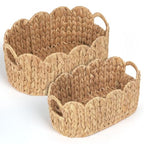 iEGrow Scalloped Wicker Basket, Set of 2 Hand-Woven Natural Rattan Baskets with Built-in Handles, Water Hyacinth Storage Oval Cute Baby Baskets for Nursery, Organizing, Decor and Shelves - size: Oval